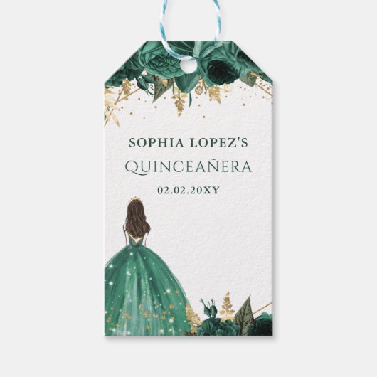 Emerald Green Gold Floral Princess Quinceanera Cadeaulabel (Voorkant)