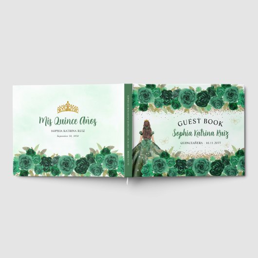 Emerald Green Gold Floral Princess Quinceañera Gastenboek (Volledig)