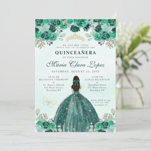 Emerald Green Gold Floral Princess Quinceañera Kaart (Staand voorkant)