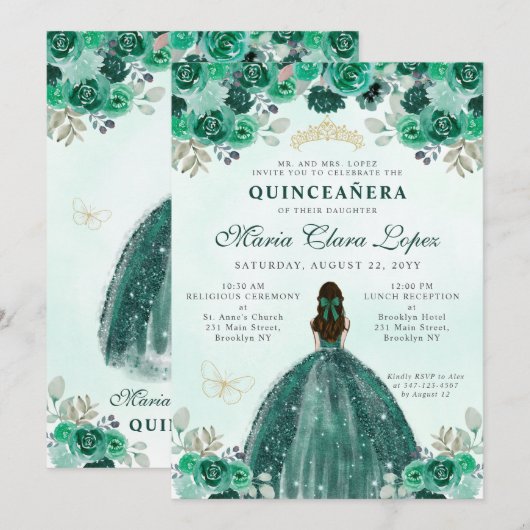 Emerald Green Gold Floral Princess Quinceañera Kaart (Voorkant / Achterkant)