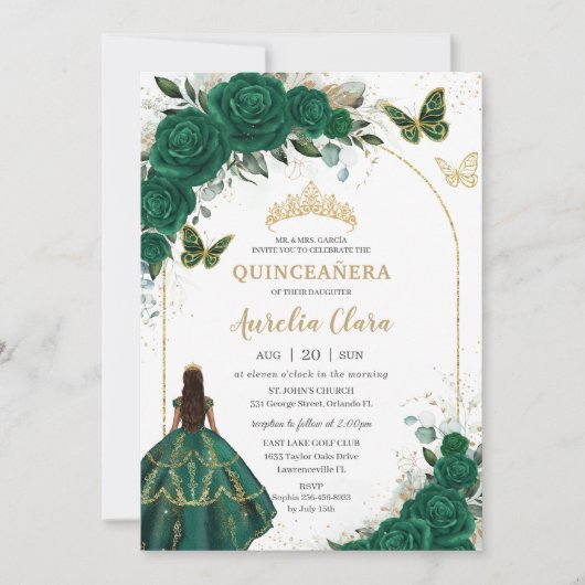 Emerald Green Gold Floral Princess Quinceañera Kaart (Voorkant)