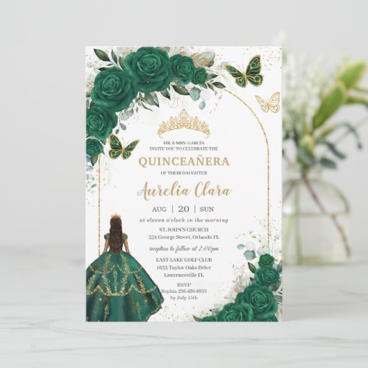 Emerald Green Gold Floral Princess Quinceañera Kaart (Staand voorkant)
