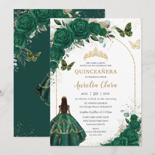Emerald Green Gold Floral Princess Quinceañera Kaart (Voorkant / Achterkant)