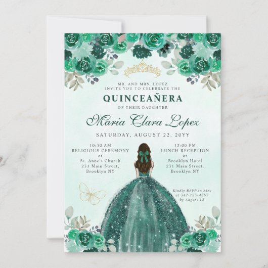 Emerald Green Gold Floral Princess Quinceañera Kaart (Voorkant)