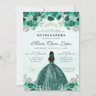 Emerald Green Gold Floral Princess Quinceañera Kaart