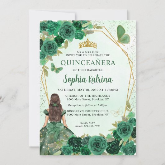 Emerald Green Gold Floral Princess Quinceañera Kaart (Voorkant)