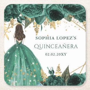 Emerald Green Gold Floral Princess Quinceanera Kartonnen Onderzetters