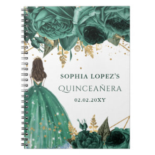 Emerald Green Gold Floral Princess Quinceanera Notitieboek