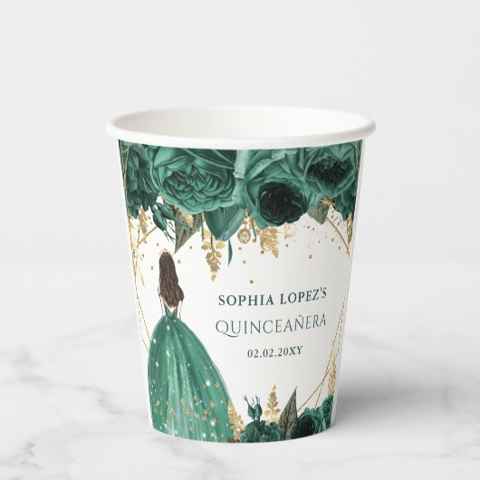Emerald Green Gold Floral Princess Quinceanera Papieren Bekers (Achterkant)