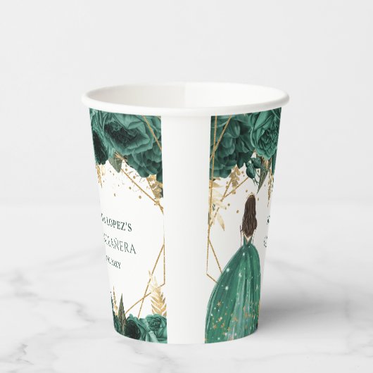 Emerald Green Gold Floral Princess Quinceanera Papieren Bekers (Links)