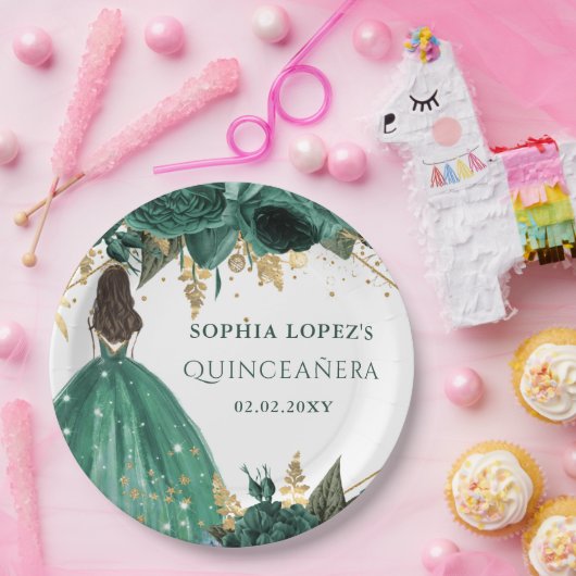 Emerald Green Gold Floral Princess Quinceanera Papieren Bordje (Feest)