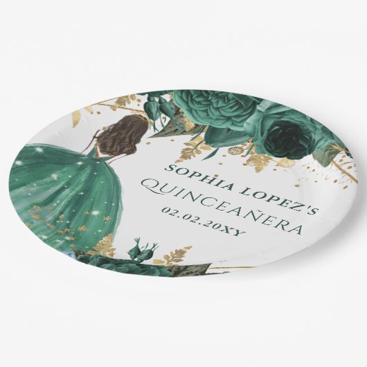 Emerald Green Gold Floral Princess Quinceanera Papieren Bordje (Gekanteld)