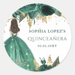 Emerald Green Gold Floral Princess Quinceanera Ronde Sticker