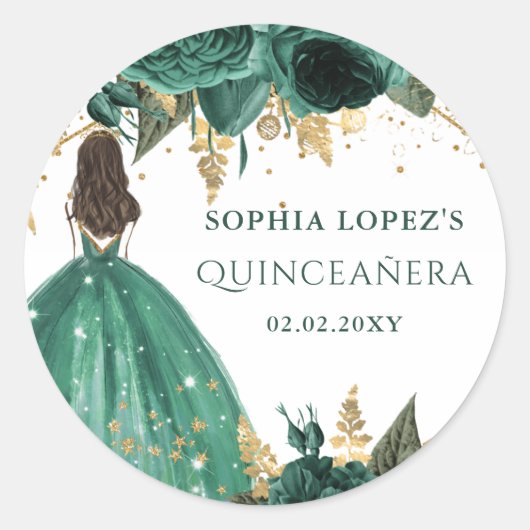 Emerald Green Gold Floral Princess Quinceanera Ronde Sticker (Voorkant)