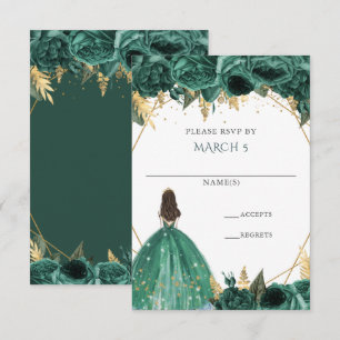 Emerald Green Gold Floral Princess Quinceanera RSVP Kaartje