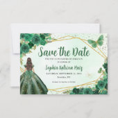 Emerald Green Gold Floral Princess Quinceañera Save The Date (Voorkant)