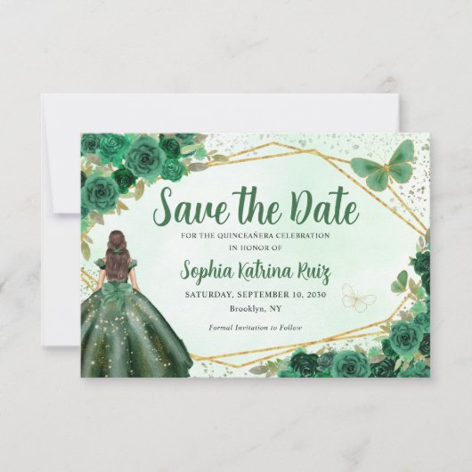 Emerald Green Gold Floral Princess Quinceañera Save The Date (Voorkant)
