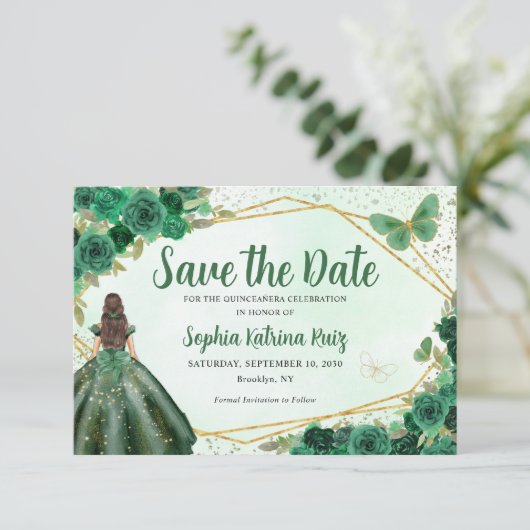 Emerald Green Gold Floral Princess Quinceañera Save The Date (Staand voorkant)