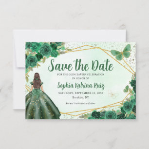 Emerald Green Gold Floral Princess Quinceañera Save The Date