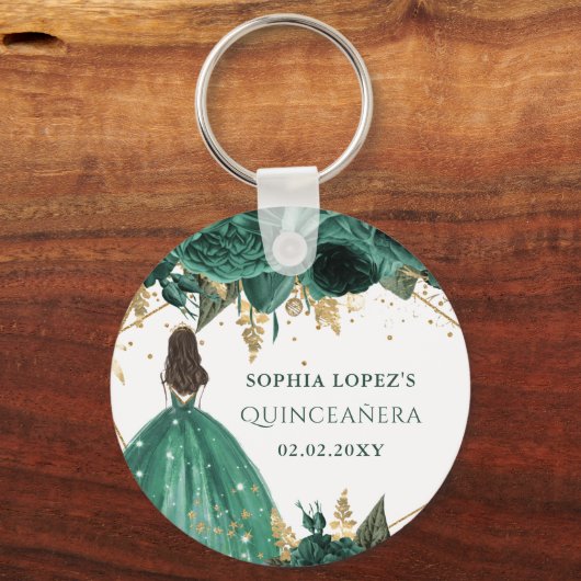 Emerald Green Gold Floral Princess Quinceanera Sleutelhanger (Achterkant)