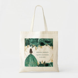 Emerald Green Gold Floral Princess Quinceanera Tote Bag
