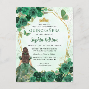 Emerald Green Gold Floral Princess Quinceañera Uitnodiging Briefkaart