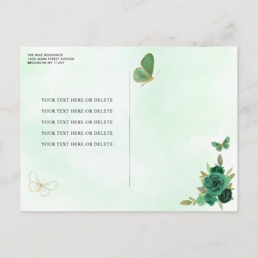 Emerald Green Gold Floral Princess Quinceañera Uitnodiging Briefkaart (Achterkant)