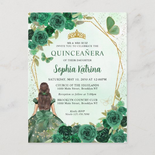 Emerald Green Gold Floral Princess Quinceañera Uitnodiging Briefkaart (Voorkant)