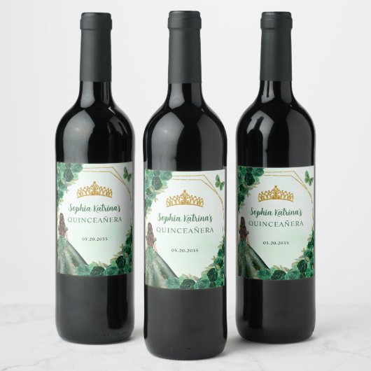 Emerald Green Gold Floral Princess Quinceañera Wijn Etiket (Flessen)