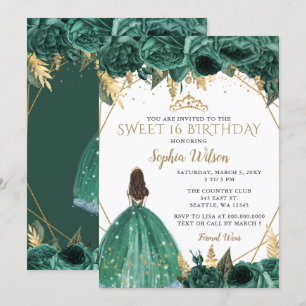 Emerald Green Gold Floral Princess SWEET 16 Kaart