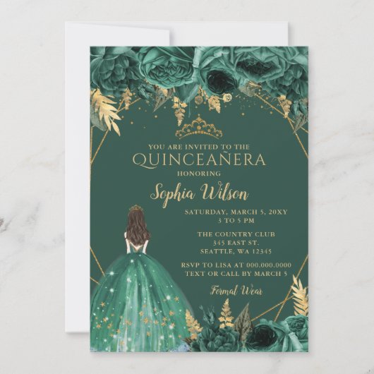 Emerald Green Gold Floral prinses Quinceañera in Kaart (Voorkant)