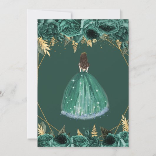 Emerald Green Gold Floral prinses Quinceañera in Kaart (Achterkant)