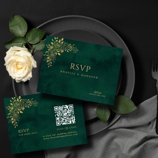 Emerald Green Gold Floral QR code Trouwen RSVP Informatiekaartje