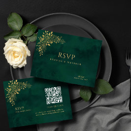 Emerald Green Gold Floral QR code Trouwen RSVP Informatiekaartje
