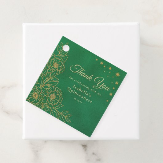 Emerald Green Gold Floral Quinceañera Bedankt Bedankjes Labels (In situ)