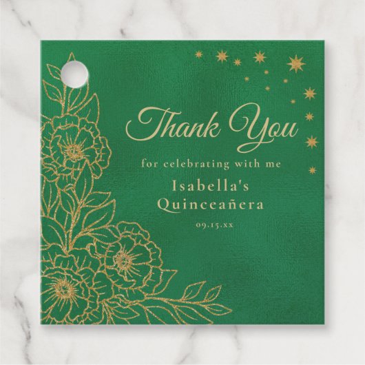 Emerald Green Gold Floral Quinceañera Bedankt Bedankjes Labels (Voorkant)