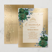 Emerald Green Gold Floral Quinceañera Briefkaart (Voorkant / Achterkant)