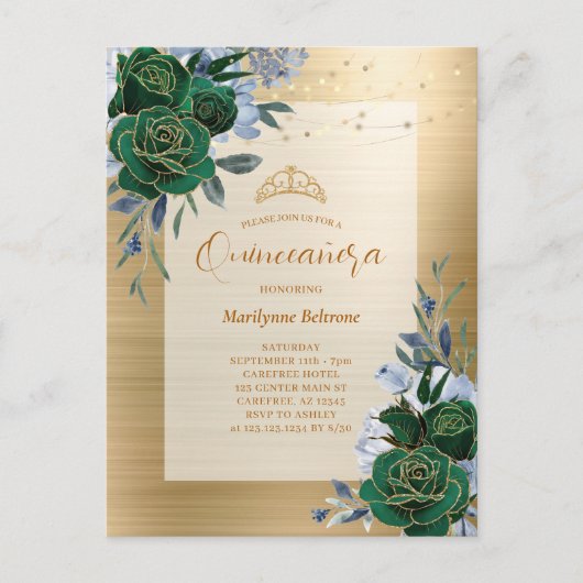 Emerald Green Gold Floral Quinceañera Briefkaart (Voorkant)