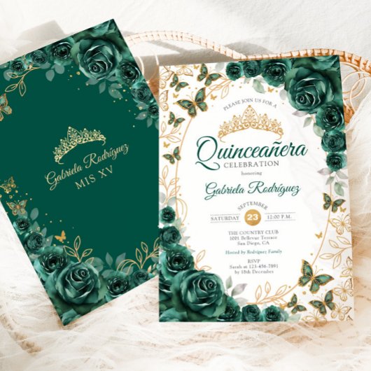 Emerald Green Gold Floral Quinceanera Kaart