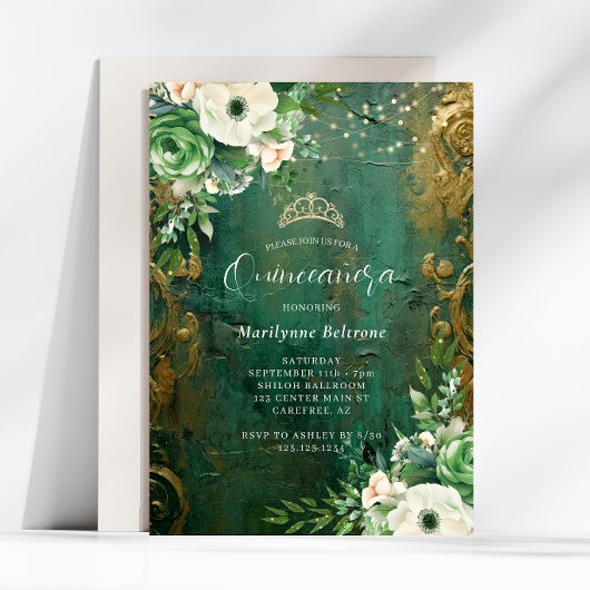 Emerald Green Gold Floral Quinceañera Kaart