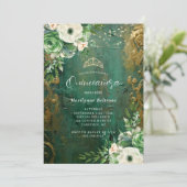 Emerald Green Gold Floral Quinceañera Kaart (Staand voorkant)