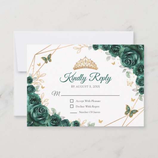 Emerald Green Gold Floral Quinceanera Reageer RSVP Kaartje (Voorkant)