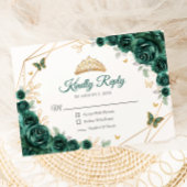 Emerald Green Gold Floral Quinceanera Reageer RSVP Kaartje