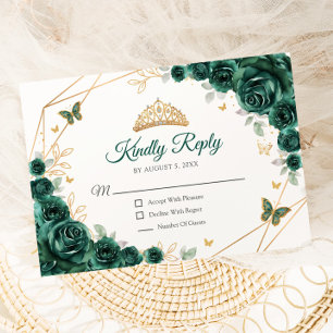 Emerald Green Gold Floral Quinceanera Reageer RSVP Kaartje