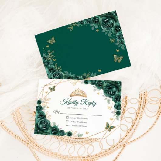 Emerald Green Gold Floral Quinceanera Reageer RSVP Kaartje