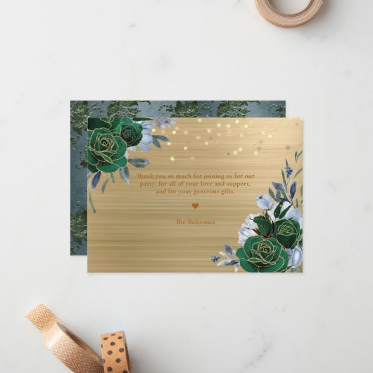 Emerald Green Gold Floral Quinceañera Thankyou Notitiekaartje (Voorkant / Achterkant in situ)