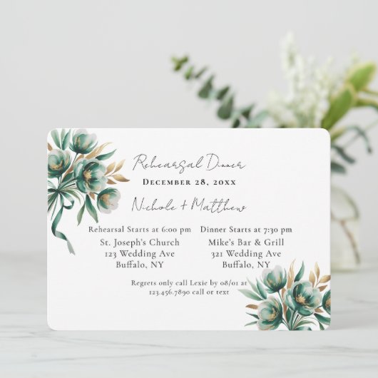 Emerald Green & Gold Floral Rehearsal Dinner Kaart (Staand voorkant)