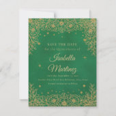 Emerald Green Gold Floral Stars Quinceañera Save The Date (Voorkant)
