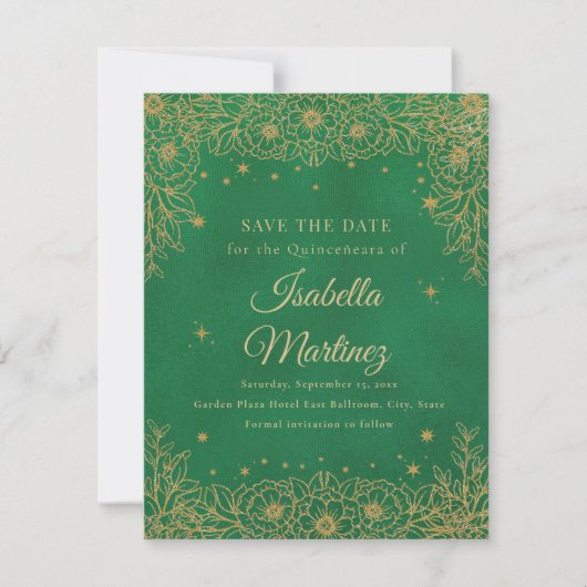 Emerald Green Gold Floral Stars Quinceañera Save The Date (Voorkant)