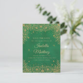 Emerald Green Gold Floral Stars Quinceañera Save The Date (Staand voorkant)